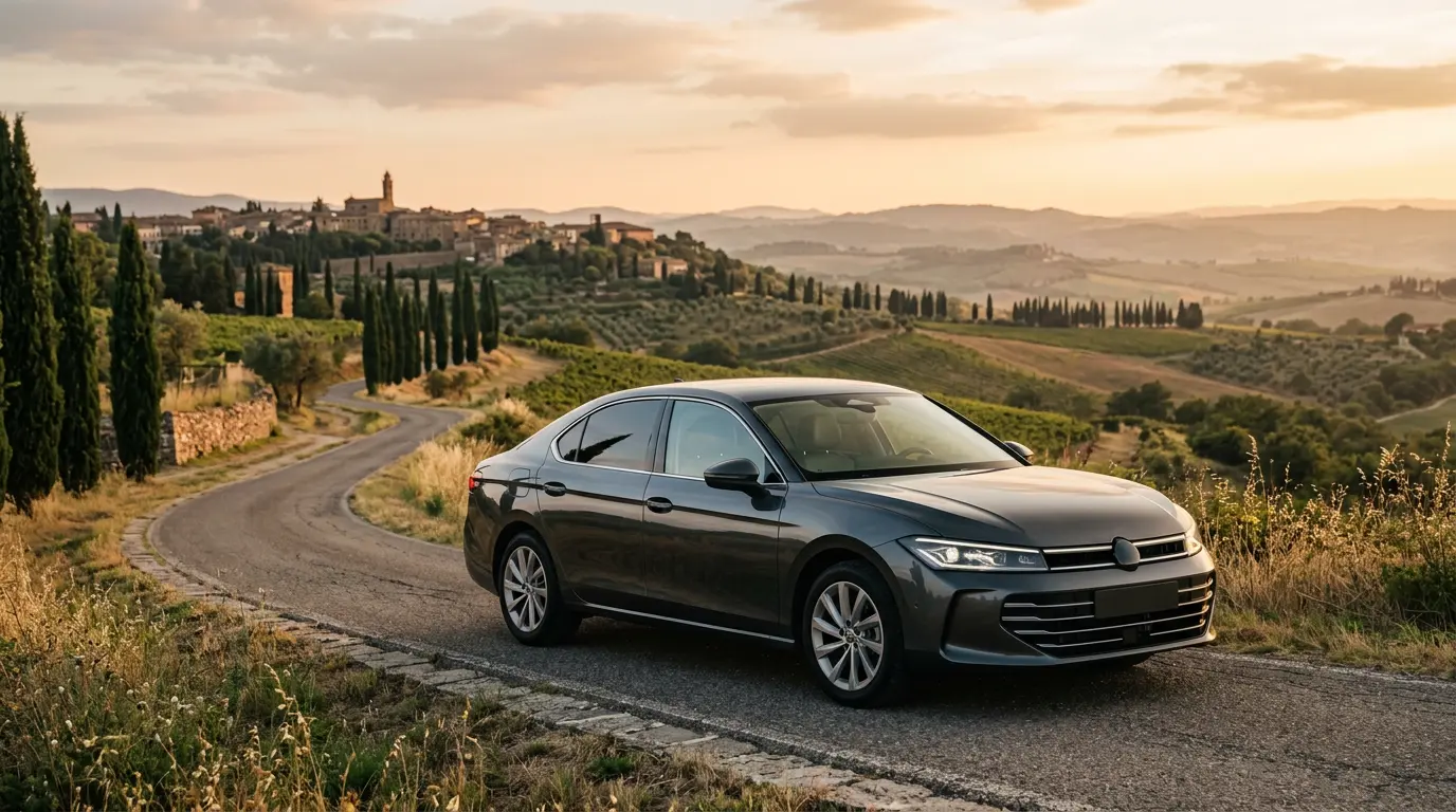 Berlina elegante su una strada panoramica della Toscana