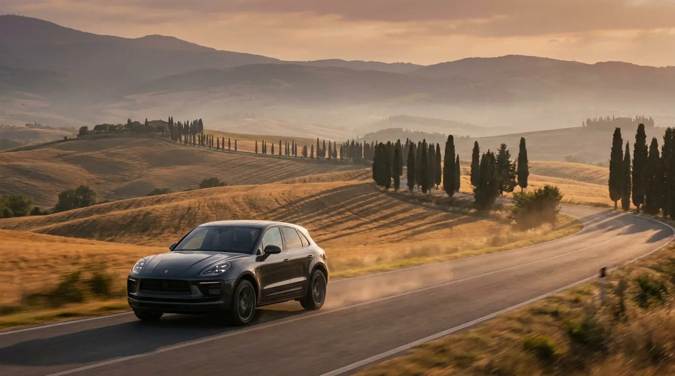 SUV su una strada panoramica della Val d'Orcia